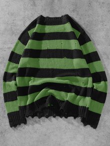 Manfinity EMRG Men's Casual Colorblock Striped Distressed Sweater, Autumn/Winter, Long Sleeve Top - Green - View 2