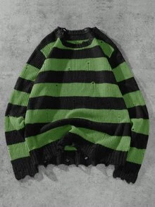 Manfinity EMRG Men's Casual Colorblock Striped Distressed Sweater, Autumn/Winter, Long Sleeve Top - Green - View 3