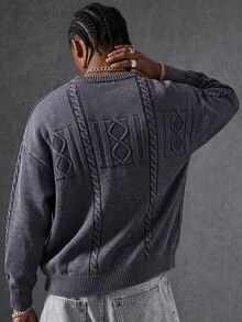 Manfinity EMRG Men's Geometric Print Relaxed Fit Crew Neck Long Sleeve Knit Sweater, Autumn/Winter - Navy Blue - View 1