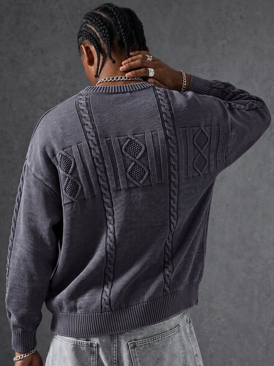 Manfinity EMRG Men's Geometric Print Relaxed Fit Crew Neck Long Sleeve Knit Sweater, Autumn/Winter - Navy Blue - View 1