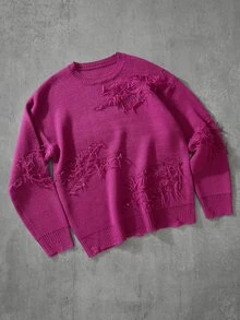 Manfinity EMRG Men's Solid Color Distressed Vintage Crew Neck Long Sleeve Sweater - Hot Pink - View 3