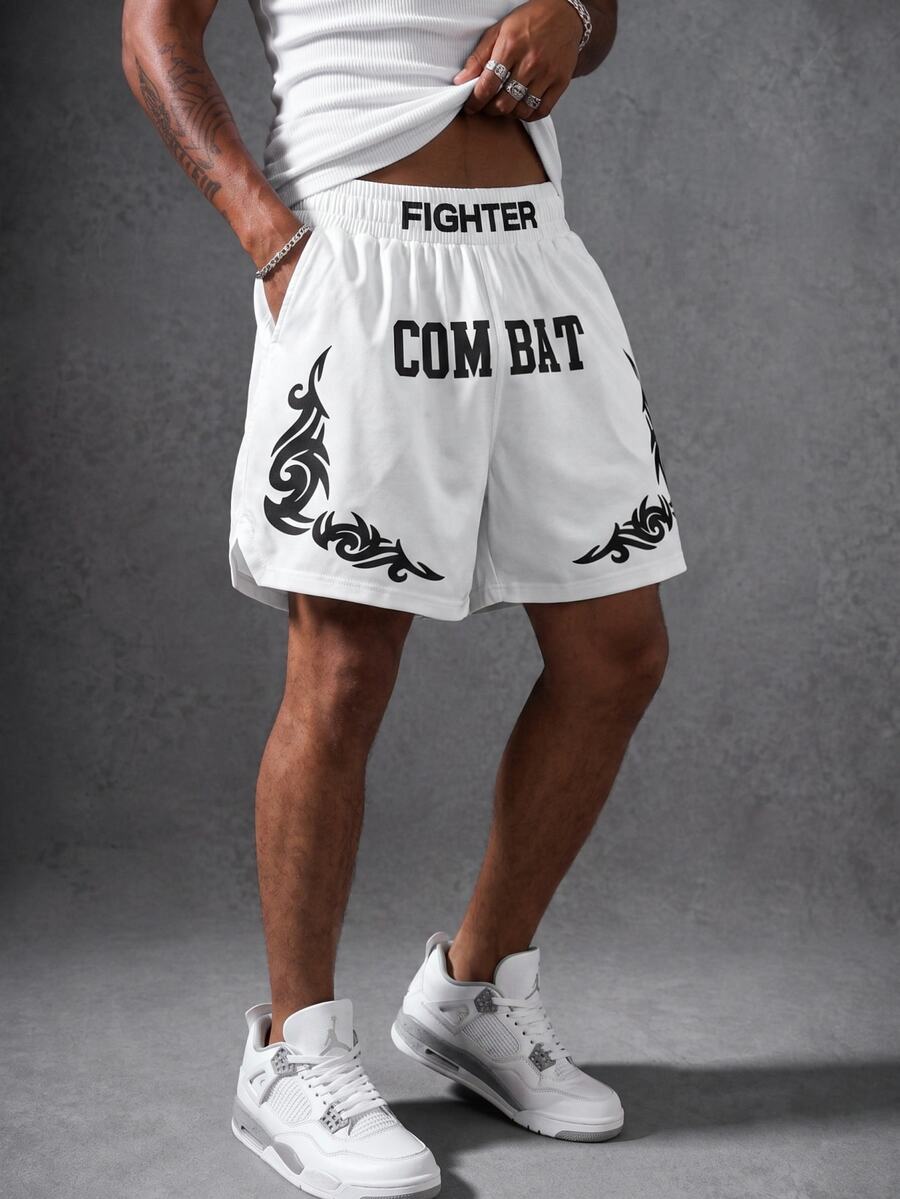 Manfinity EMRG Men's Summer Elastic Waist Digital Print Thai Boxing Shorts, Holiday - White - View 1