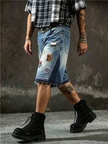 Manfinity EMRG Unisex Heavy Embroidered Patch Washed Denim Shorts Holiday Aqua Blue Summer Streetwear - Blue - View 6