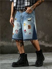 Manfinity EMRG Unisex Heavy Embroidered Patch Washed Denim Shorts Holiday Aqua Blue Summer Streetwear - Blue - View 3