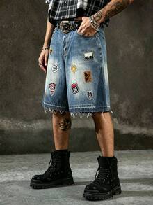 Manfinity EMRG Unisex Heavy Embroidered Patch Washed Denim Shorts Holiday Aqua Blue Summer Streetwear - Blue - View 4