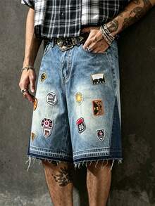 Manfinity EMRG Unisex Heavy Embroidered Patch Washed Denim Shorts Holiday Aqua Blue Summer Streetwear - Blue - View 9