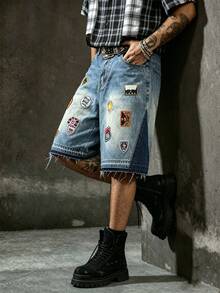 Manfinity EMRG Unisex Heavy Embroidered Patch Washed Denim Shorts Holiday Aqua Blue Summer Streetwear - Blue - View 7
