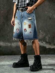 Manfinity EMRG Unisex Heavy Embroidered Patch Washed Denim Shorts Holiday Aqua Blue Summer Streetwear - Blue - View 8