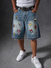 Manfinity EMRG Unisex Heavy Embroidered Patch Washed Denim Shorts Holiday Aqua Blue Summer Streetwear - Blue - View 1