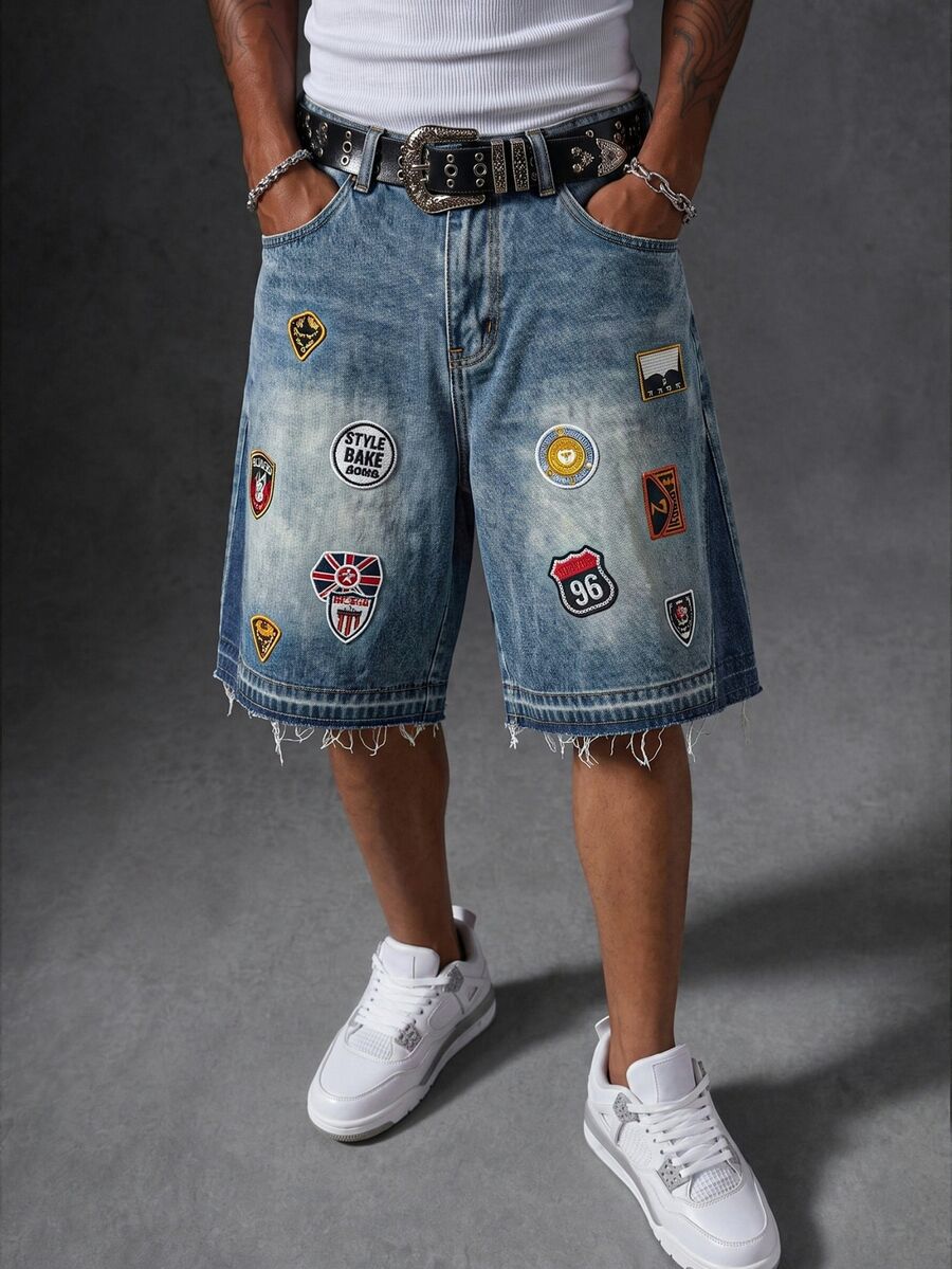 Manfinity EMRG Unisex Heavy Embroidered Patch Washed Denim Shorts Holiday Aqua Blue Summer Streetwear - Blue - View 1