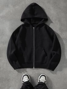 Manfinity EMRG Men's Black Autumn Streetwear Graduation Back-To-School Zip Up Hoodie,Solid Color Long Sleeve Double Zipper Sweater Cardigan,Casual Knit Jumper Top - Multicolor - View 3