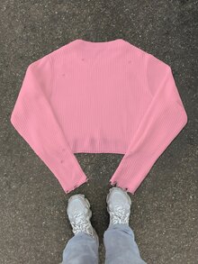 Manfinity EMRG Suéter básico casual de cuello redondo con mangas largas, de punto acanalado y desgastado, en color rosa polvo para hombres - Rosa vieja - Ver 2