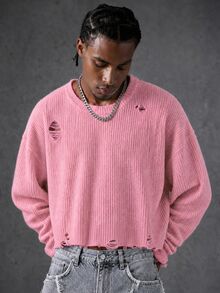Manfinity EMRG Suéter básico casual de cuello redondo con mangas largas, de punto acanalado y desgastado, en color rosa polvo para hombres - Rosa vieja - Ver 1
