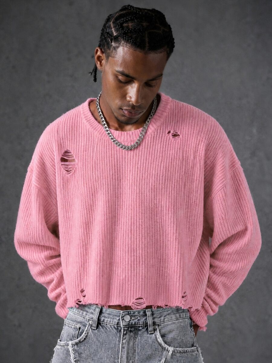 Manfinity EMRG Suéter básico casual de cuello redondo con mangas largas, de punto acanalado y desgastado, en color rosa polvo para hombres - Rosa vieja - Ver 1