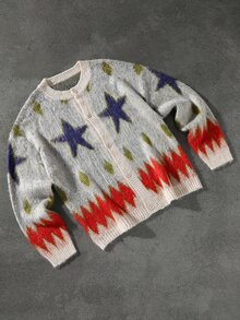 Manfinity EMRG Men's Colorblock Star Pattern Round Neck Button Front Long Sleeve Cardigan Back To School - Multicolor - View 3