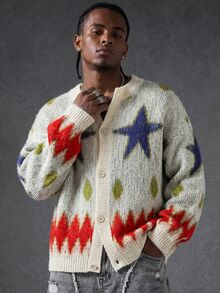 Manfinity EMRG Men's Colorblock Star Pattern Round Neck Button Front Long Sleeve Cardigan Back To School - Multicolor - View 1