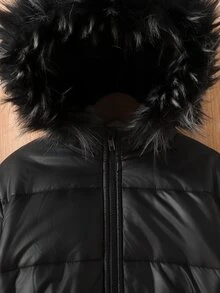 SHEIN 兒童青少年女孩秋冬加厚抓絨內裡優雅拼接毛領連帽收腰A字口袋派克大衣中長款休閒夾克 - 黑色 - 查看 4
