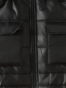 SHEIN 兒童青少年女孩秋冬加厚抓絨內裡優雅拼接毛領連帽收腰A字口袋派克大衣中長款休閒夾克 - 黑色 - 查看 7