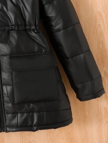 SHEIN 兒童青少年女孩秋冬加厚抓絨內裡優雅拼接毛領連帽收腰A字口袋派克大衣中長款休閒夾克 - 黑色 - 查看 5