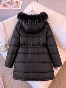 SHEIN 兒童青少年女孩秋冬加厚抓絨內裡優雅拼接毛領連帽收腰A字口袋派克大衣中長款休閒夾克 - 黑色 - 查看 2