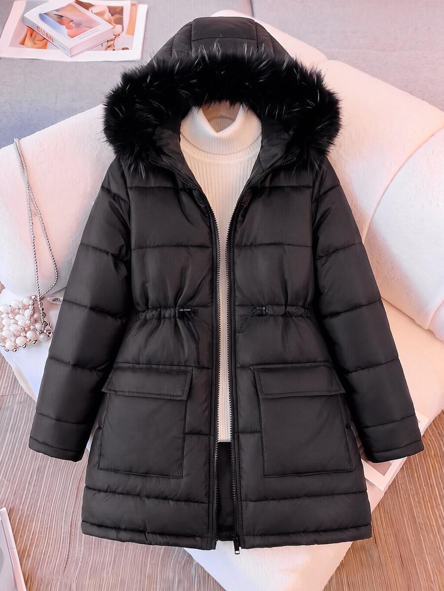 SHEIN 兒童青少年女孩秋冬加厚抓絨內裡優雅拼接毛領連帽收腰A字口袋派克大衣中長款休閒夾克 - 黑色 - 查看 1
