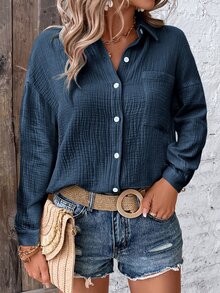 EMERY ROSE Solid Drop Shoulder Pocket Patched Button Up Shirt,Long Sleeve Tops Fall Cloth For Women - Navy Blue - View 3