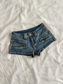 Attitoon 女款串珠設計性感時尚牛仔短褲 - 深色水洗藍 - 查看 3