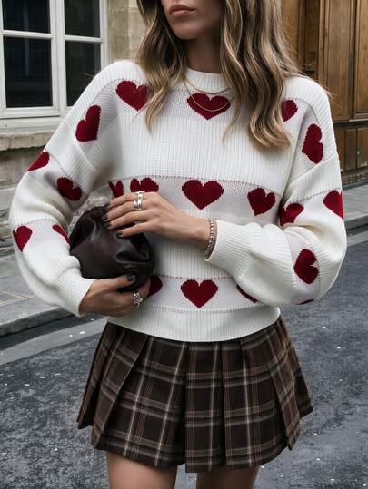 SHEIN Women's Heart Print Knit Sweater Long Sleeve Crew Neck Cozy Pullover