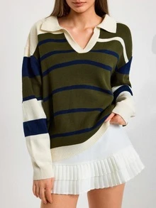 SHEIN Preppy Stripe Polo Collar Relaxed Fit Knit Sweater - Multicolor - View 6