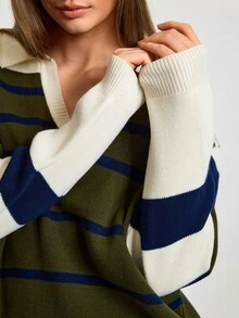SHEIN Preppy Stripe Polo Collar Relaxed Fit Knit Sweater - Multicolor - View 5
