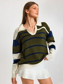 SHEIN Preppy Stripe Polo Collar Relaxed Fit Knit Sweater - Multicolor - View 7