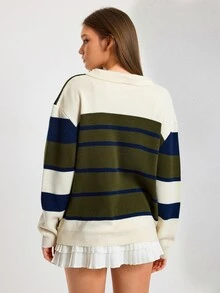 SHEIN Preppy Stripe Polo Collar Relaxed Fit Knit Sweater - Multicolor - View 2