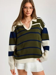SHEIN Preppy Stripe Polo Collar Relaxed Fit Knit Sweater - Multicolor - View 3