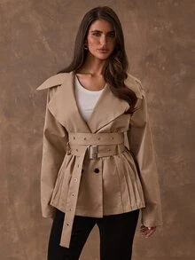 SHEIN BAE Women's Solid Color Buckle Design Casual Versatile Long Sleeve Jacket - Khaki - View 6