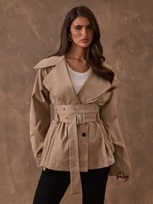 SHEIN BAE Women's Solid Color Buckle Design Casual Versatile Long Sleeve Jacket - Khaki - View 5