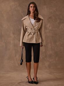SHEIN BAE Women's Solid Color Buckle Design Casual Versatile Long Sleeve Jacket - Khaki - View 4