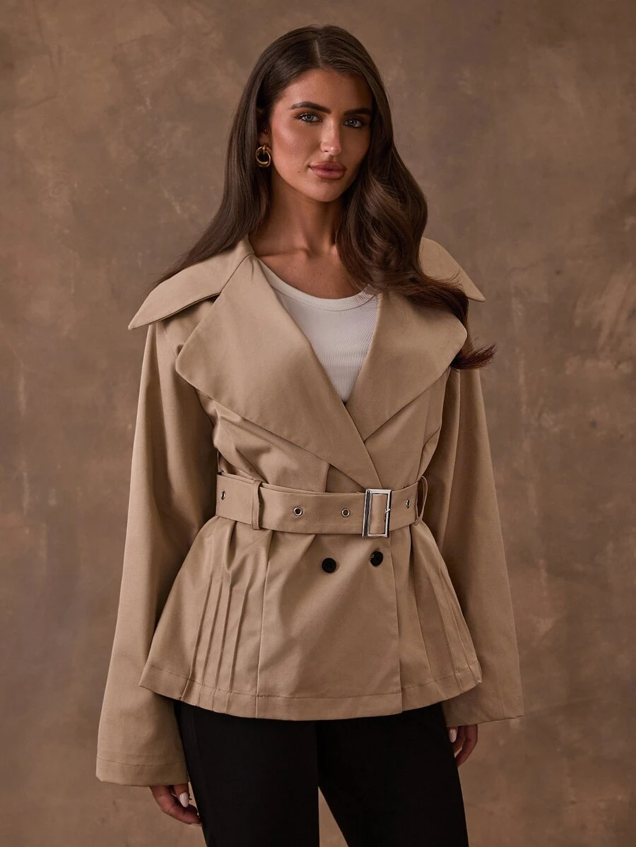 SHEIN BAE Women's Solid Color Buckle Design Casual Versatile Long Sleeve Jacket - Khaki - View 1