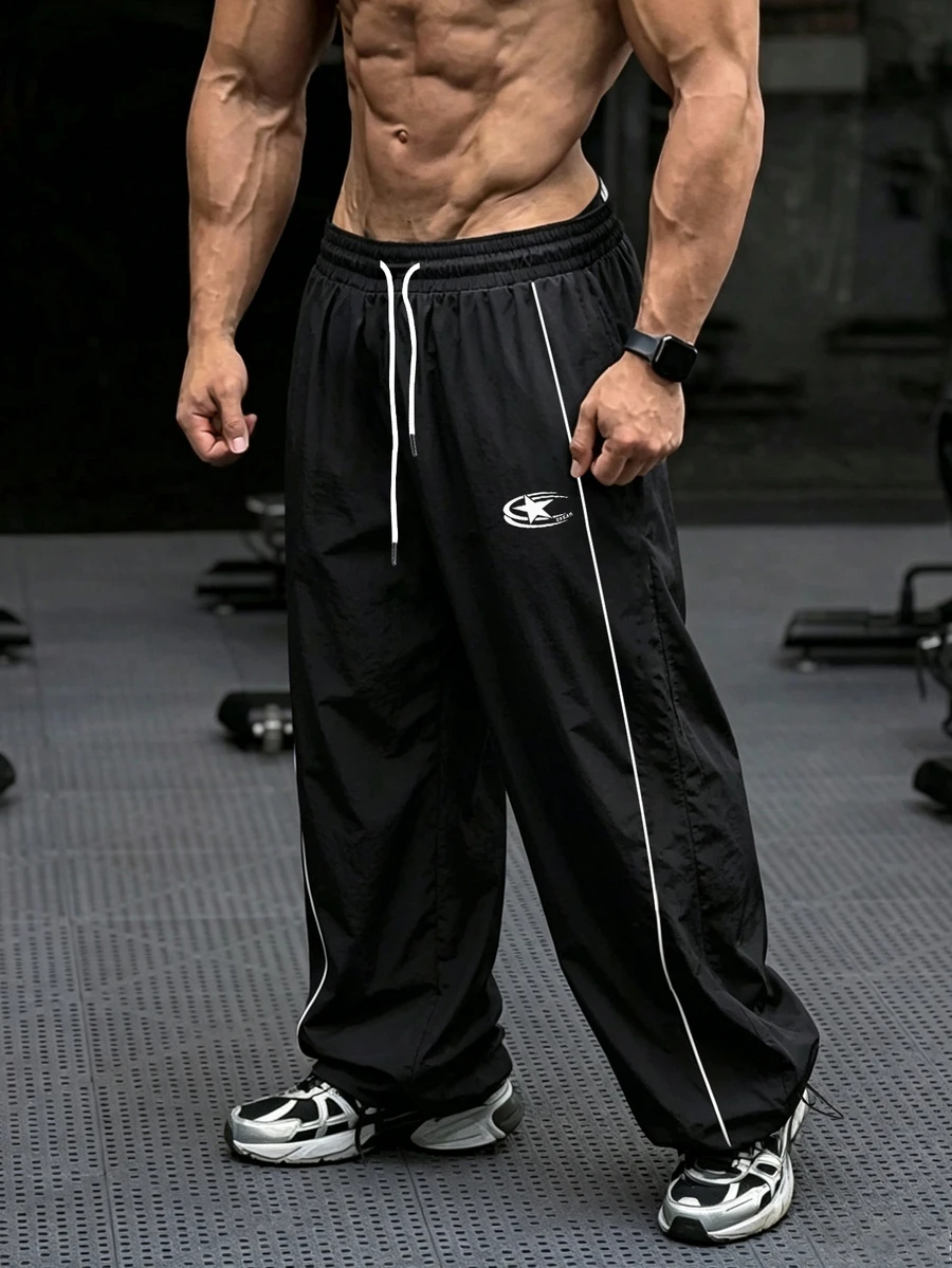 Gym Rark 男士五角星印花抽繩腰休閒運動長褲 運動健身跑步褲 秋季透氣輕量健身房運動褲 - 黑色 - 查看 1
