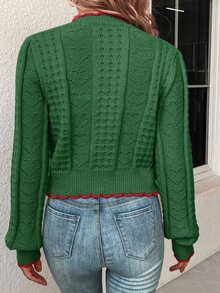SHEIN PariChic Women Contrast Trim Front Button Long Sleeve Cardigan,Long Sleeve Tops - Green - View 2