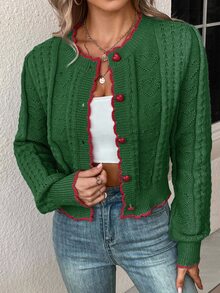 SHEIN PariChic Women Contrast Trim Front Button Long Sleeve Cardigan,Long Sleeve Tops - Green - View 4
