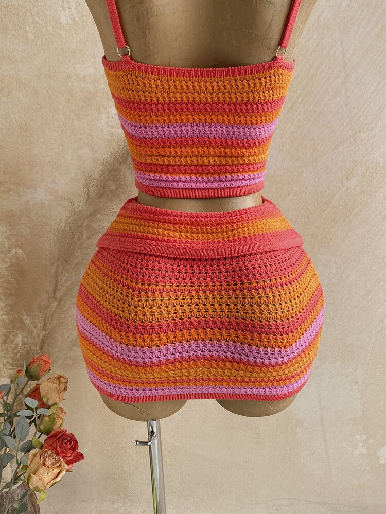 Soleia Contrast Pink And Orange Pattern Open Knit Skirt Beach Party Vacation Autumn Tropical Sexy - Multicolor - View 9