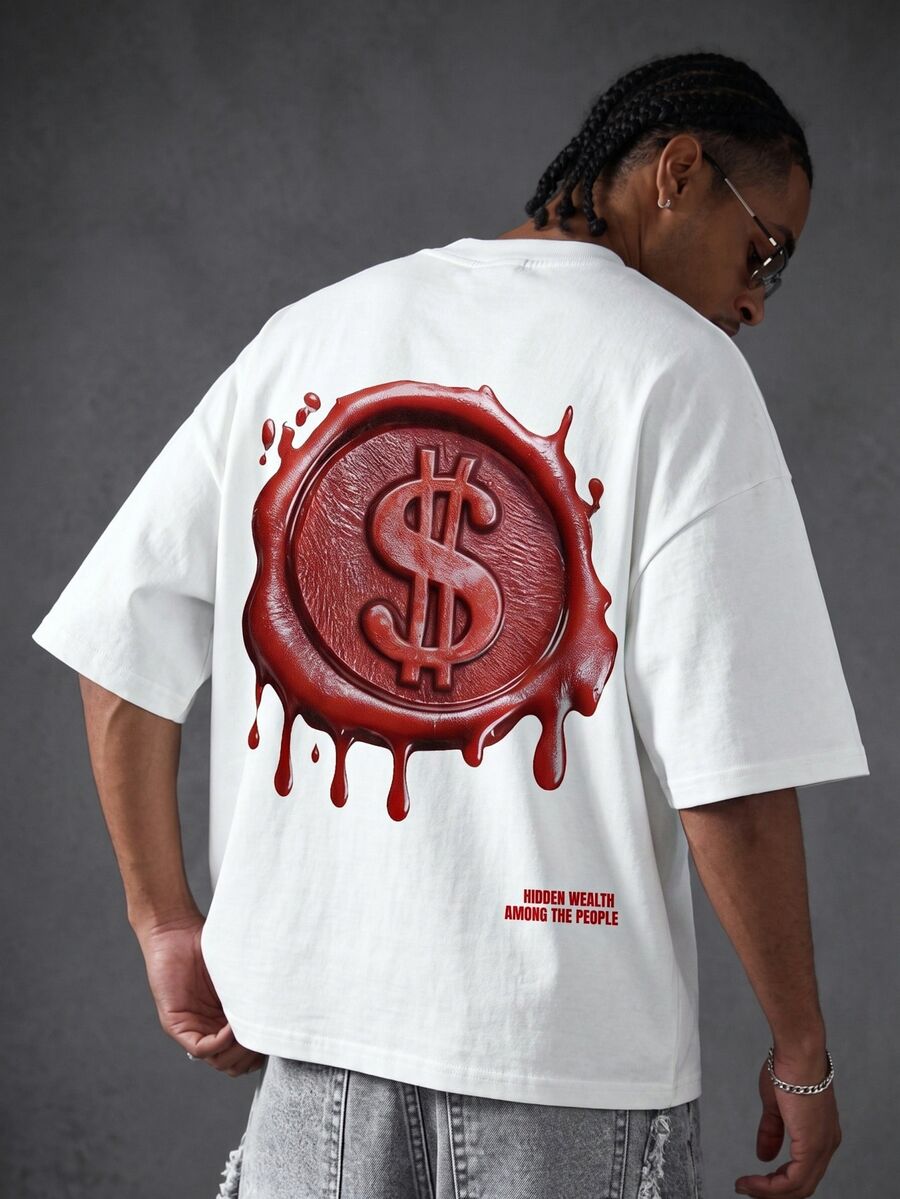 Manfinity EMRG Men's Casual Daily Commute Fashion Street Dollar Stamp Letter Print Short Sleeve White T-Shirt, Summer - White - View 1
