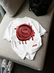 Manfinity EMRG Men's Casual Daily Commute Fashion Street Dollar Stamp Letter Print Short Sleeve White T-Shirt, Summer - White - View 2