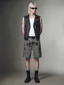 IRON GLYPH Men's Light Grey Denim Cargo Shorts With Folk-Custom Pattern And Pockets Avant-Garde Street Casual Short - Light Grey - View 3