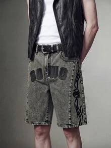 IRON GLYPH Men's Light Grey Denim Cargo Shorts With Folk-Custom Pattern And Pockets Avant-Garde Street Casual Short - Light Grey - View 4