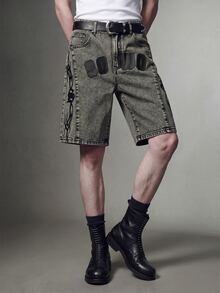 IRON GLYPH Men's Light Grey Denim Cargo Shorts With Folk-Custom Pattern And Pockets Avant-Garde Street Casual Short - Light Grey - View 6