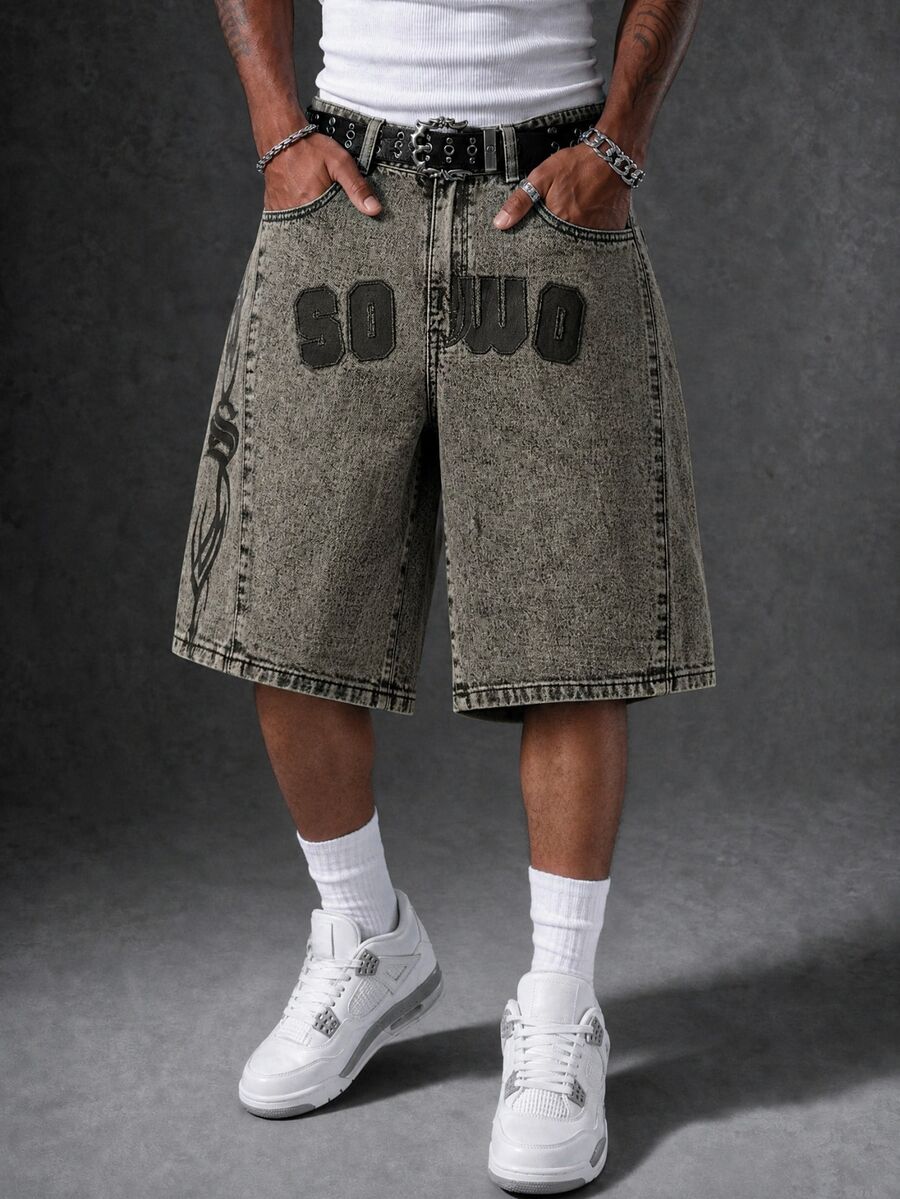 IRON GLYPH Men's Light Grey Denim Cargo Shorts With Folk-Custom Pattern And Pockets Avant-Garde Street Casual Short - Light Grey - View 1
