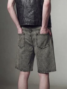 IRON GLYPH Men's Light Grey Denim Cargo Shorts With Folk-Custom Pattern And Pockets Avant-Garde Street Casual Short - Light Grey - View 2