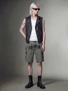IRON GLYPH Men's Light Grey Denim Cargo Shorts With Folk-Custom Pattern And Pockets Avant-Garde Street Casual Short - Light Grey - View 5