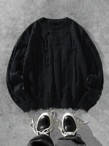 Manfinity EMRG Men's Solid Color Crew Neck Long Sleeve Distressed Casual Loose Knit Sweater, Fall/Winter - Multicolor - View 3